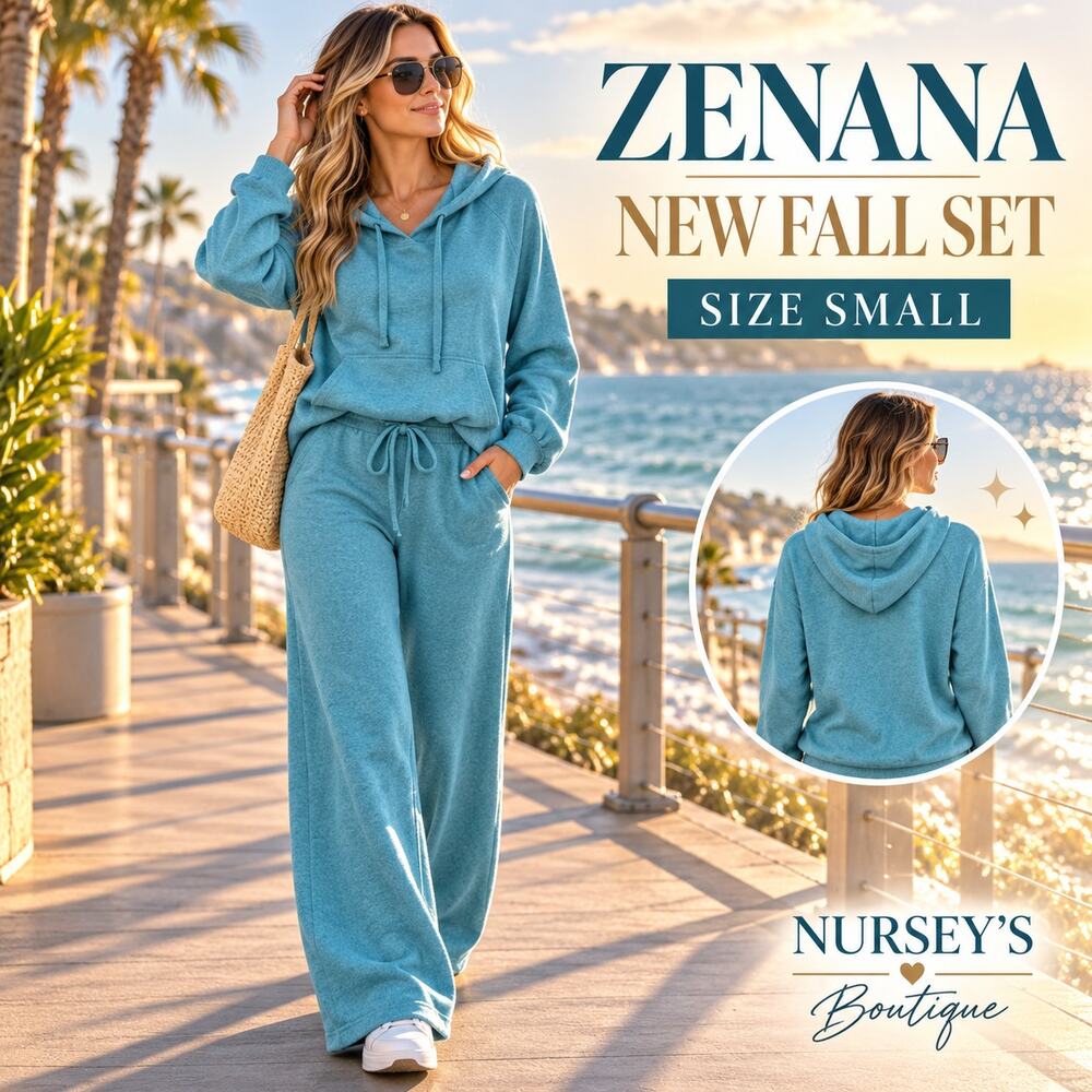 Zenana NIB Small Turquoise Soft Hoodie Wide Leg Pants 2 Piece Set
